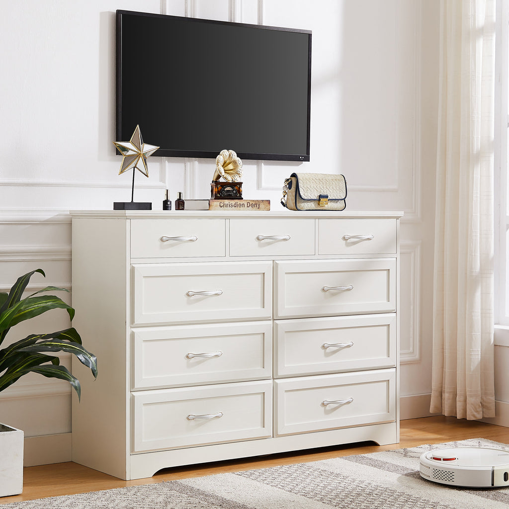 Bedroom dresser 9 drawer long dresser with antique handles wood chest of drawers