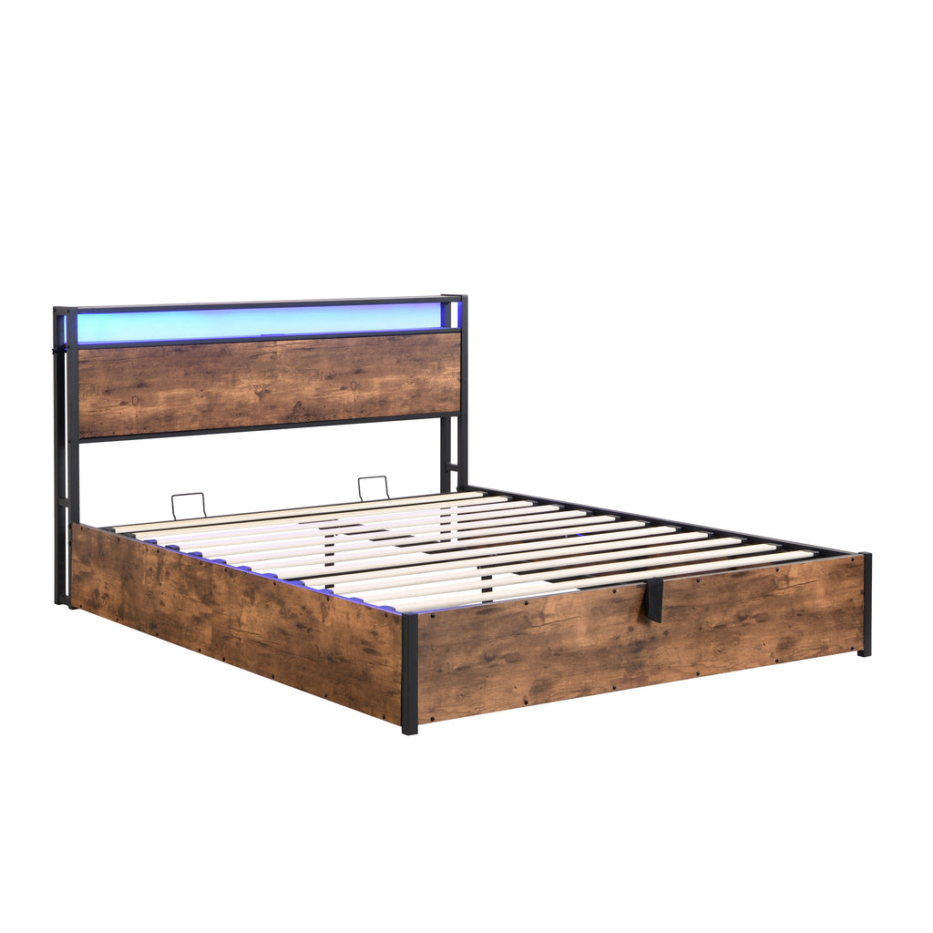 Elevating storage bed frame, full-size bed frame with bookshelf headboard and LED lights