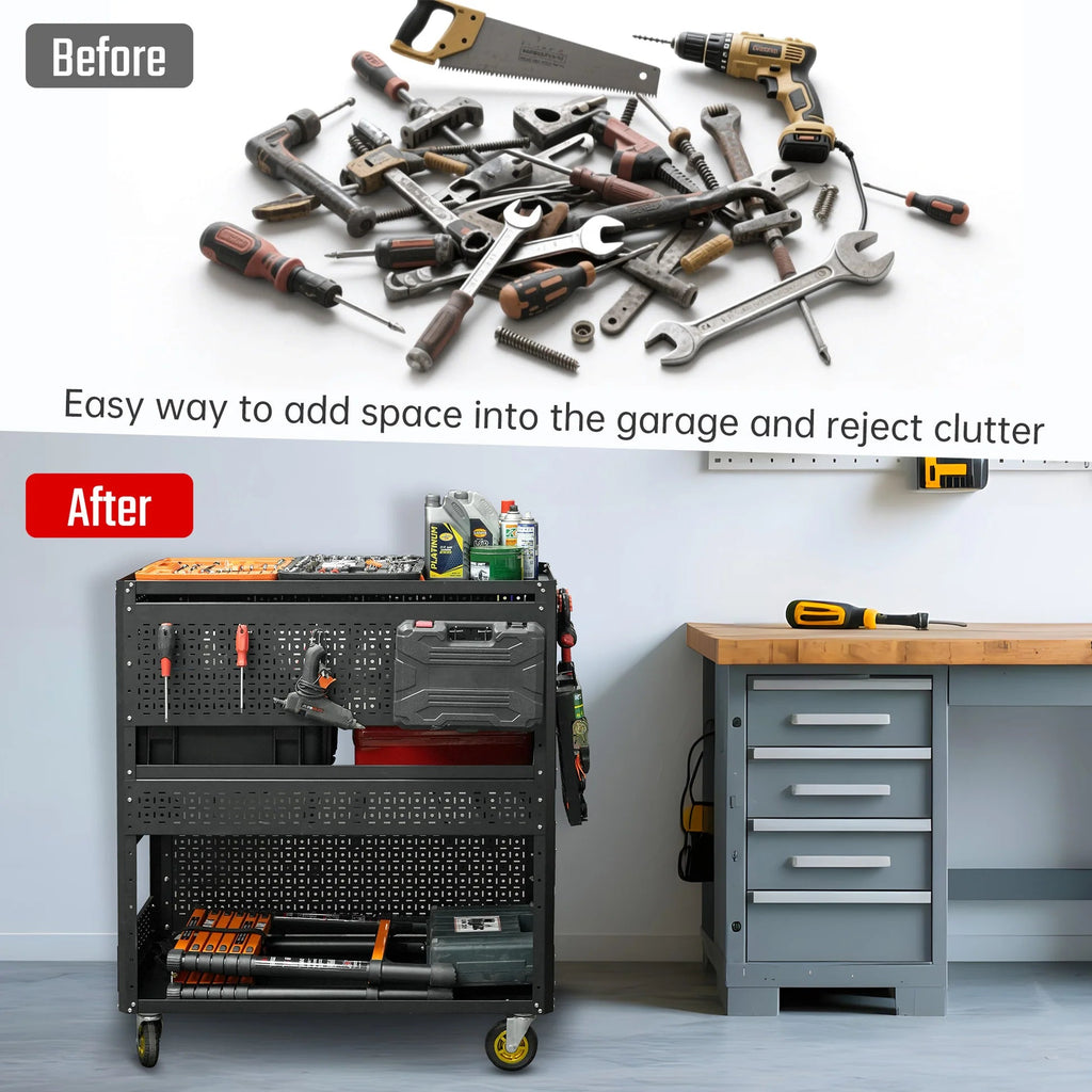 3-Tier Adjustable Rolling Tool Cart | Garage & Workshop Organizer