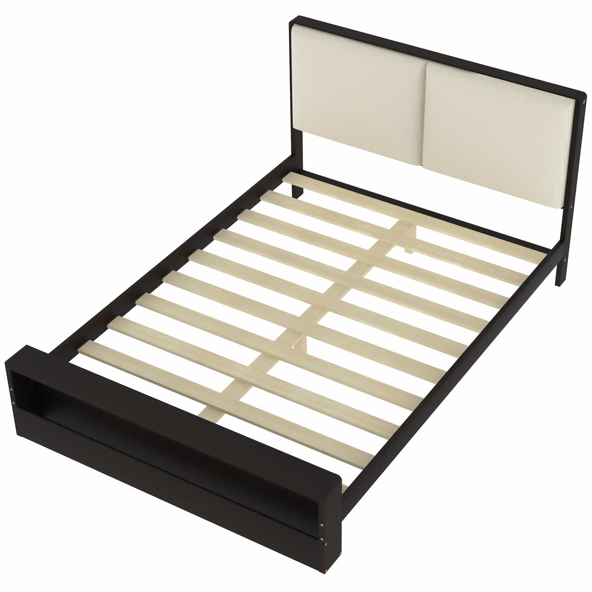 Queen Size Platform Bed Frame with Upholstery Headboard and Bookshelf