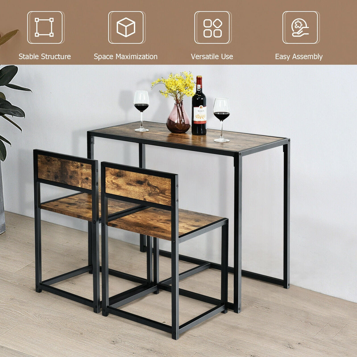 3 Pcs Dining Set Compact Table and 2 Chair with Metal Frame