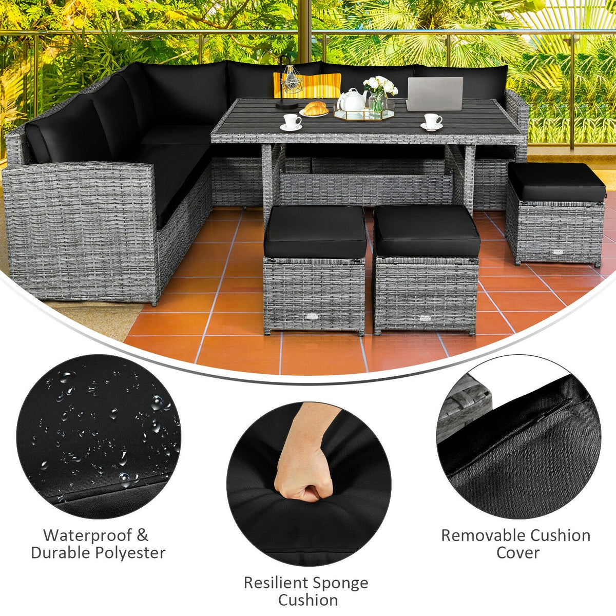 7 Pieces Patio Rattan Dining Sectional Sofa Set with Wicker Ottoman