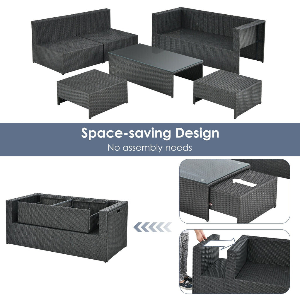 6 Pieces Patio Rattan Set with Glass Table and Cushioned Seat-Gray