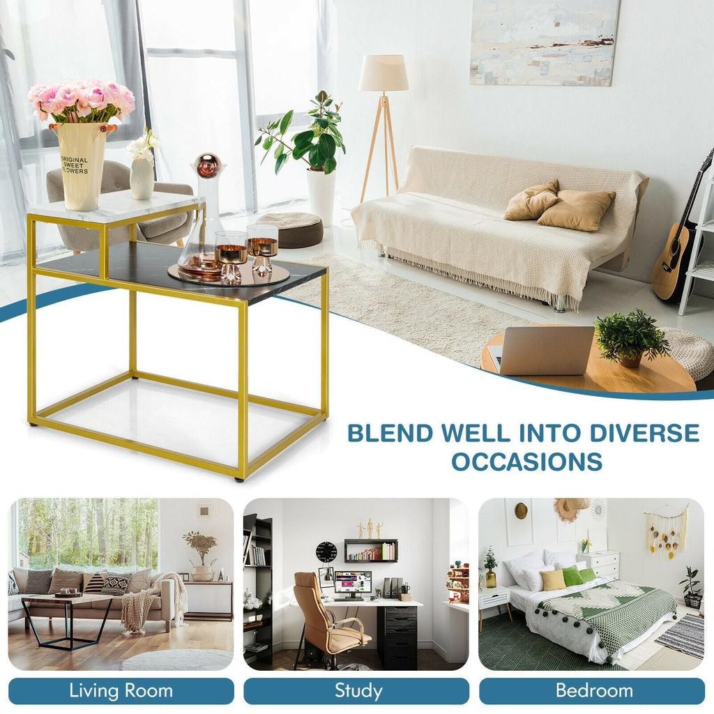 2 Tier End Side Table with  Metal Frame and Storage Shelf