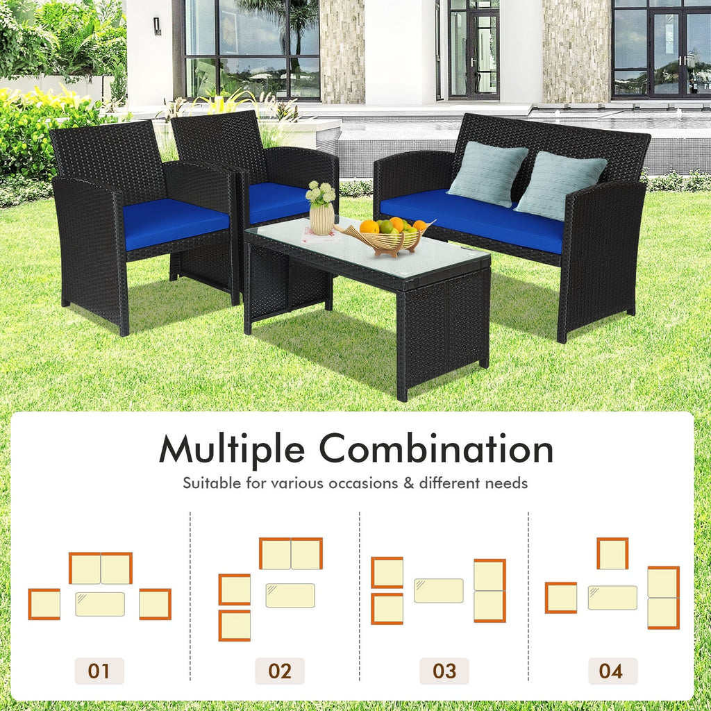 4 Pieces Rattan Patio Set with Weather Resistant Cushions and Glass Tabletop
