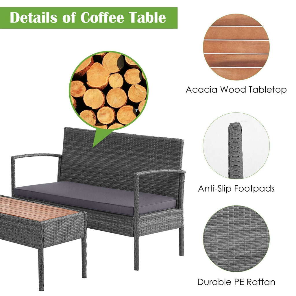 4 Pieces Rattan Patio Conversation Set with Acacia Wood Tabletop
