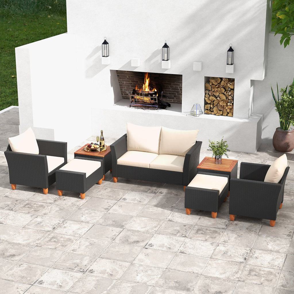 7 Pieces Patio Rattan Sectional Sofa Set with Armchairs and Table-white