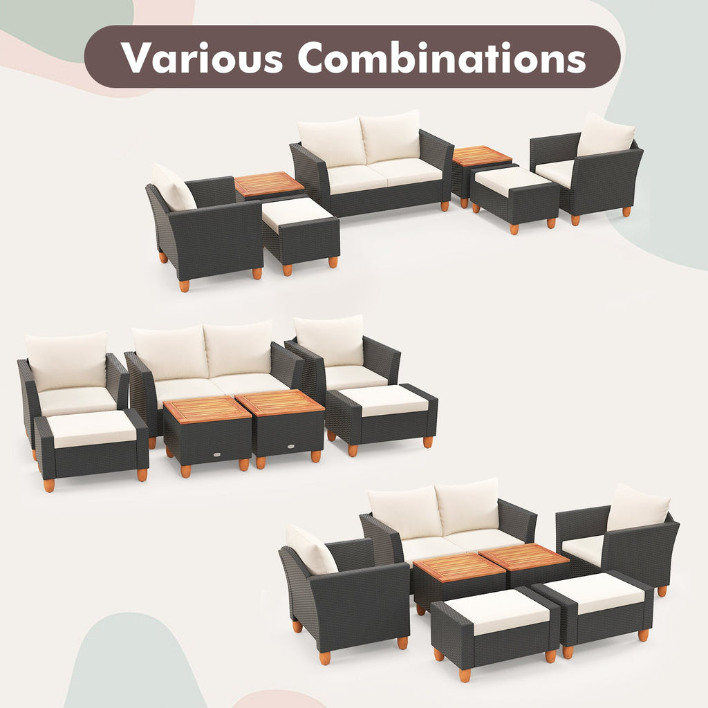 7 Pieces Patio Rattan Sectional Sofa Set with Armchairs and Table-white