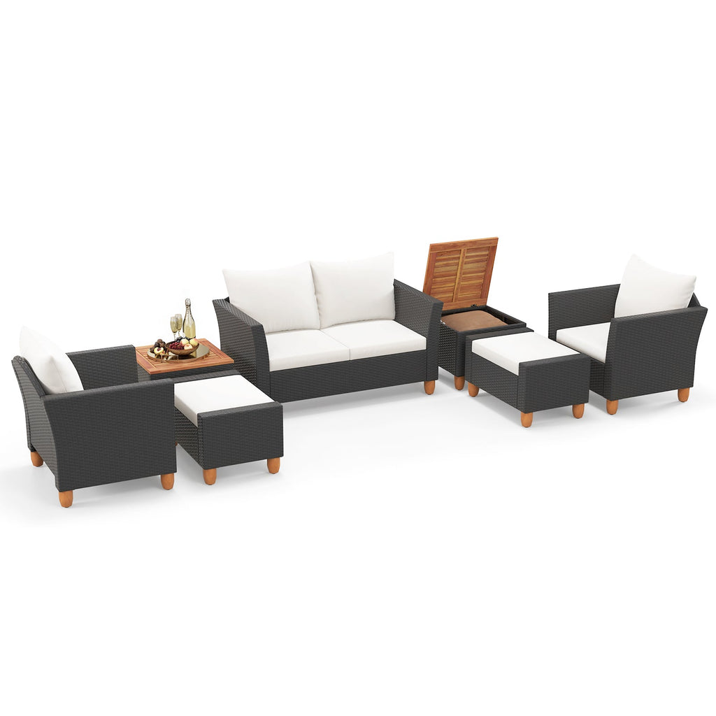 7 Pieces Patio Rattan Sectional Sofa Set with Armchairs and Table-white