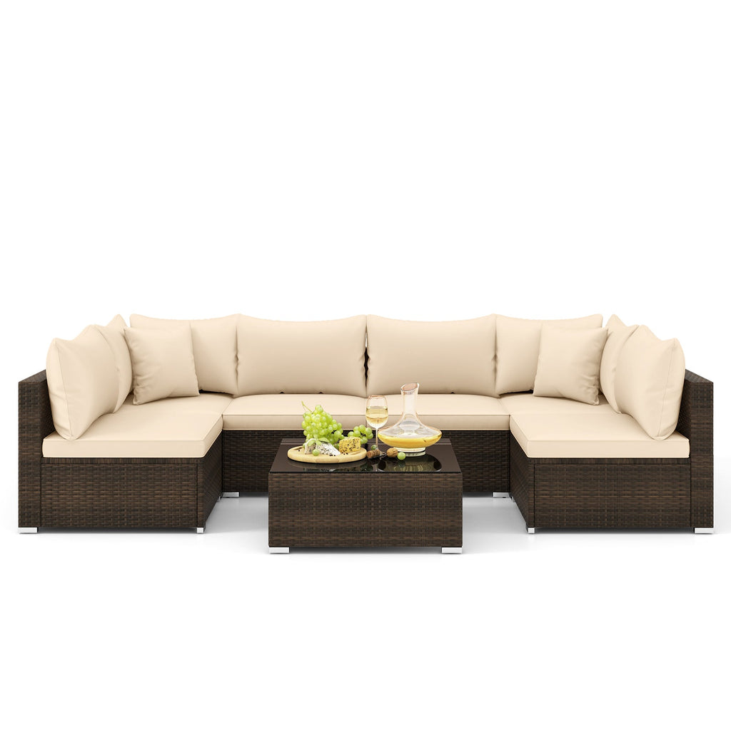 7 Pieces Patio Rattan Furniture Set with Sectional Sofa Cushions