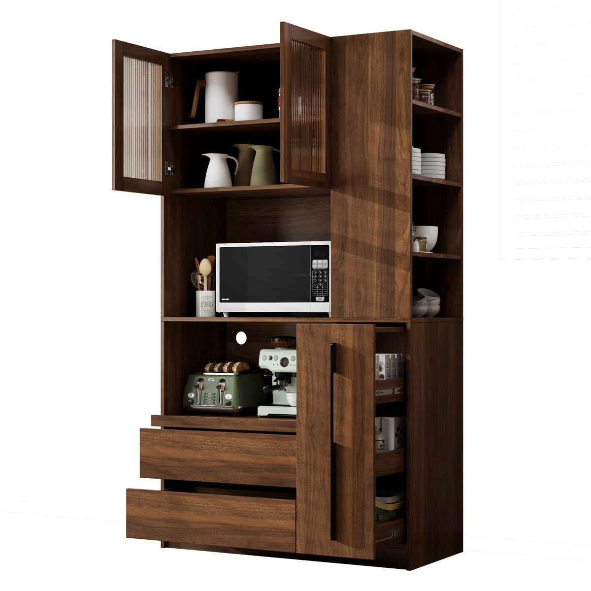 Tall Kitchen Pantry Cabinet With 4 Tier Side Shelf, 2 Drawers