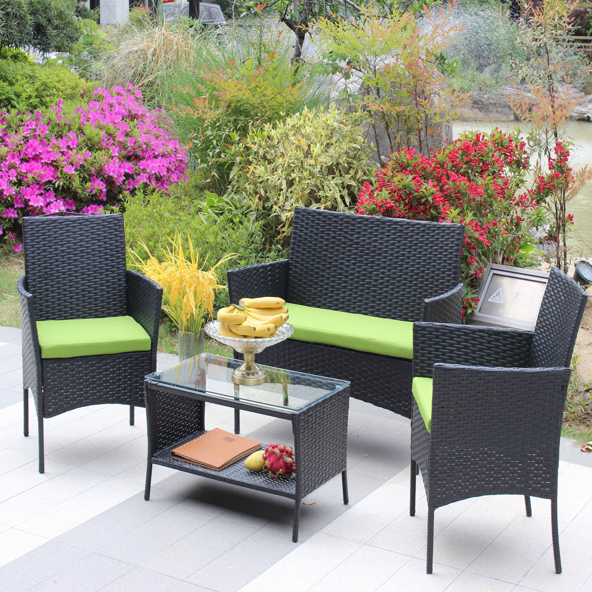 4 PC Rattan Patio Set Outdoor Cushioned Wicker Sofa Green Cushion