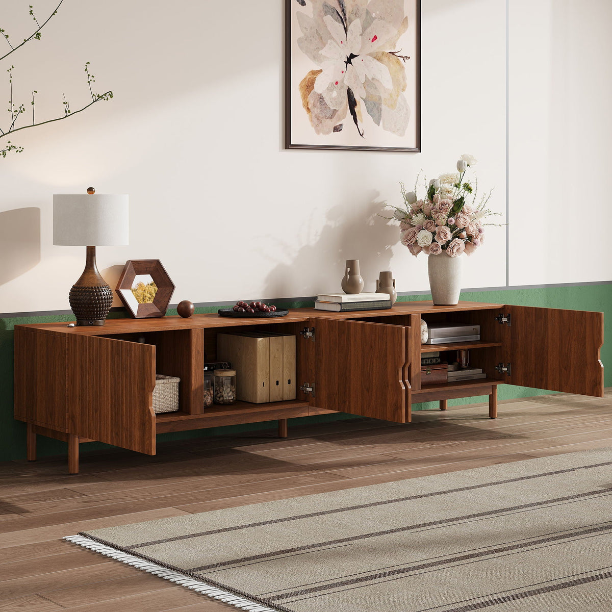 TV Stand With Legs, Media Console, 4 Cabinets