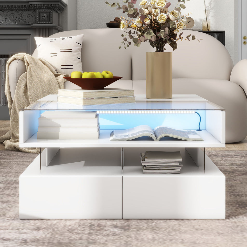 Lift Top Coffee Table With 2 Drawers, Hidden Space And LED Lights