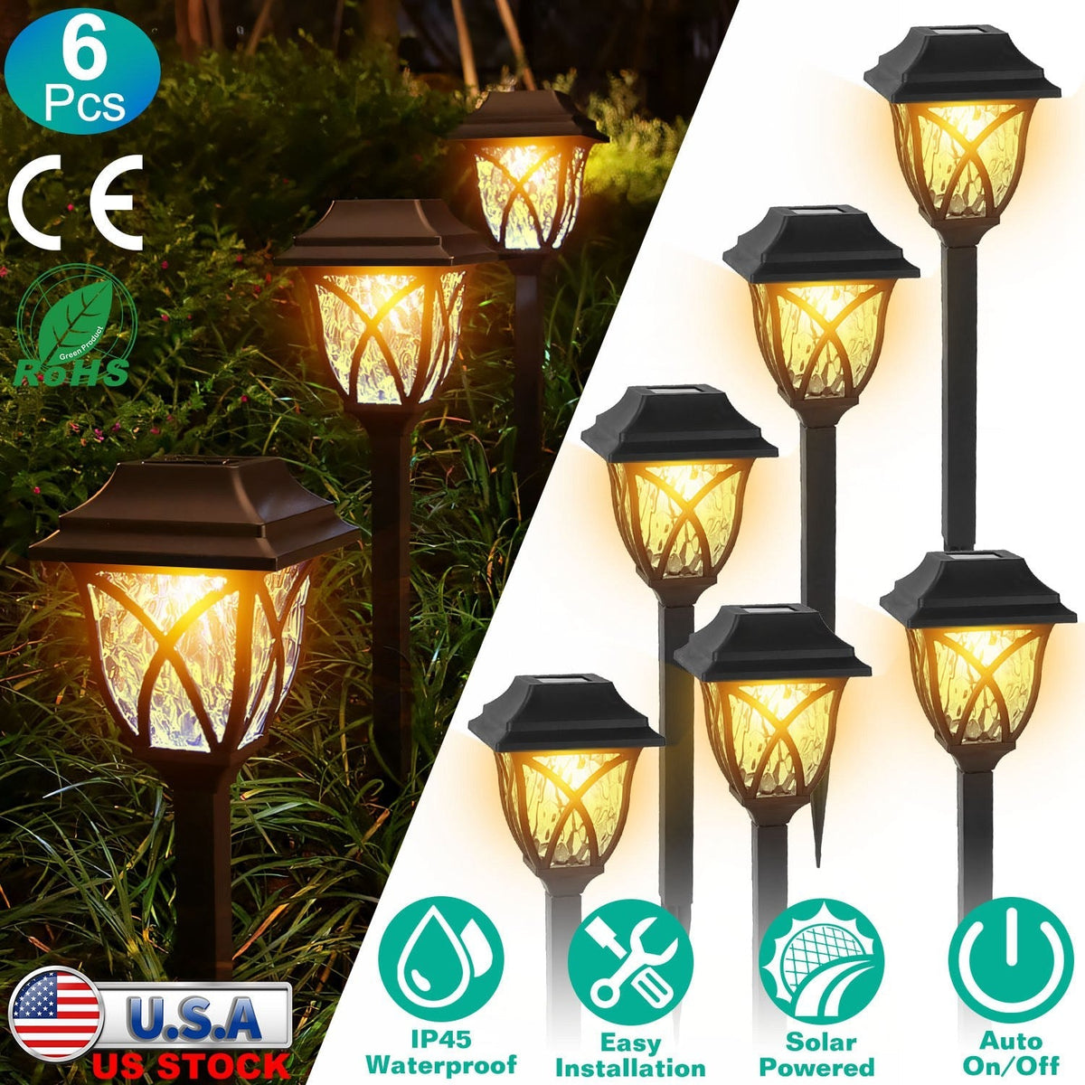 6Pack Solar Powered Stake Light Decorative Landscape Lamp IP45 Waterproof Auto On Off