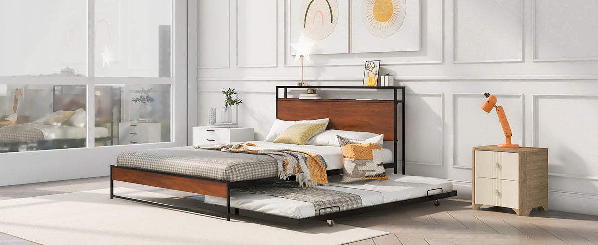 Queen Size Metal Platform Bed Frame with Trundle, USB Ports and Slat Support