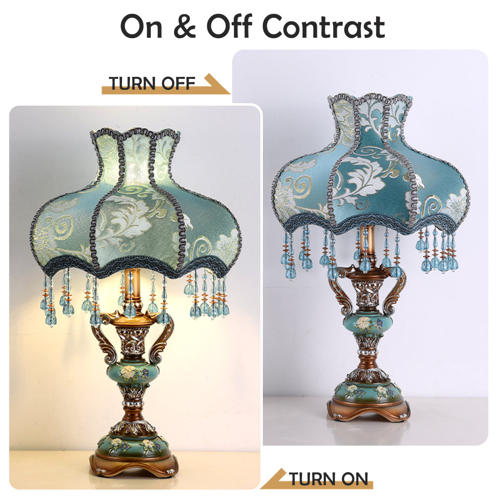 Victorian Floral Table Lamp – Lace Lampshade & Beaded Fringe, Antique Bedside Night Light