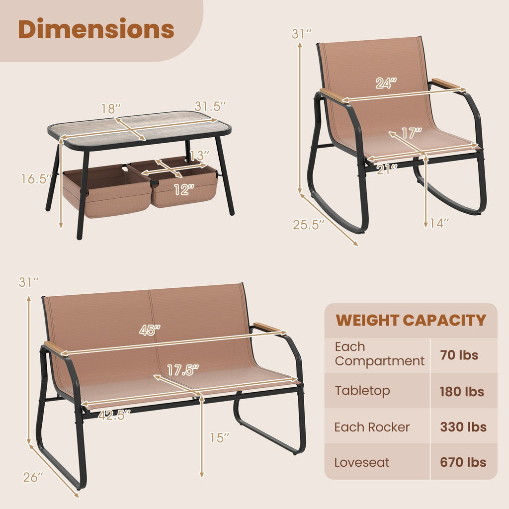 4 Pieces Patio Set with Rocking Bistro Chairs and Breathable Mesh Fabric-Coffee