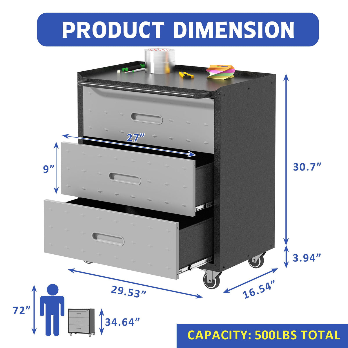 Heavy Duty Metal Storage Cabinet With Wheels 3 Drawer Tool Cabinet