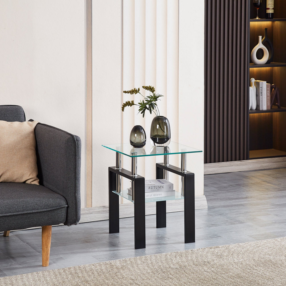 Tempered Transparent Glass End Table 2-Layers with Storage
