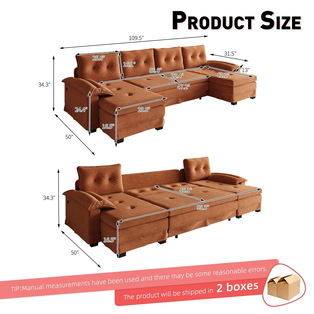 U-Shaped Sleeper Sofa With Pull Out Bed, Removable Armrests & USB Ports