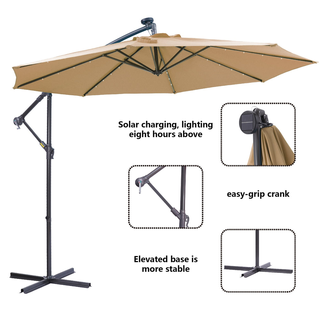 10 FT Solar LED Patio Outdoor Umbrella Hanging Cantilever Umbrella Offset Umbrella