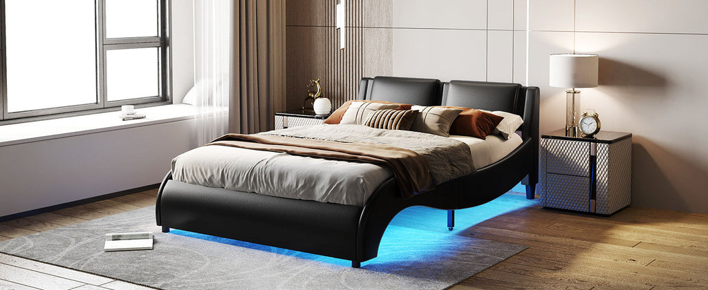 Queen Size Upholstered Faux Leather Platform Bed with LED Light Bed Frame