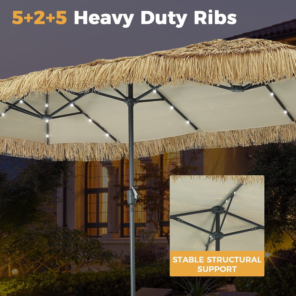 13ft Large Thatched Tiki Patio Umbrella with Solar LED Lights