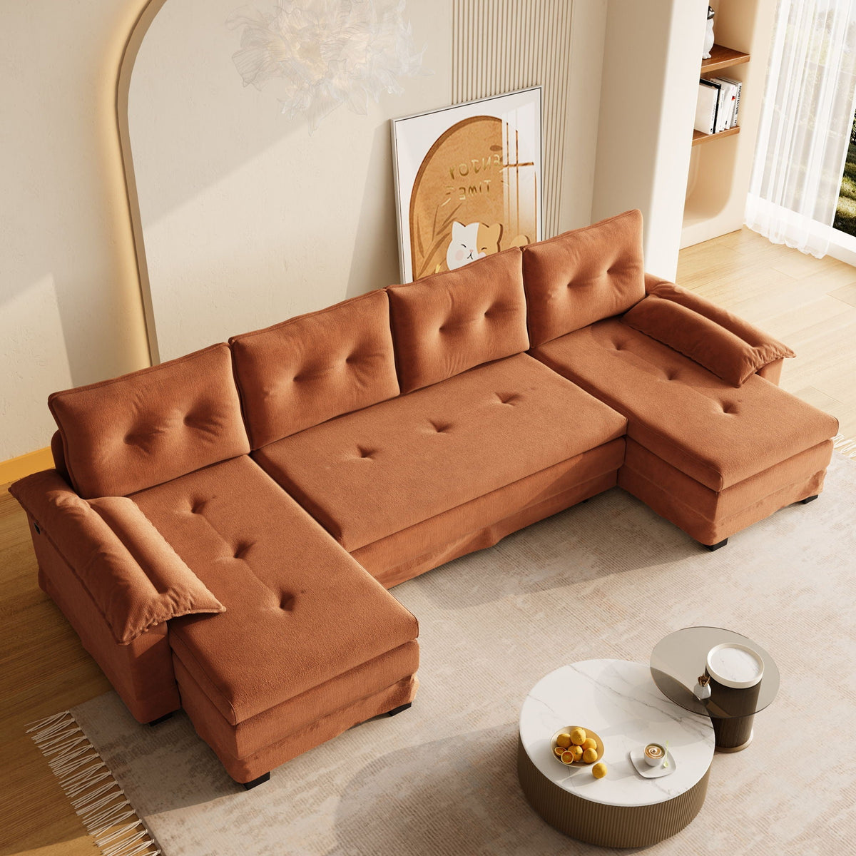 U-Shaped Sleeper Sofa With Pull Out Bed, Removable Armrests & USB Ports