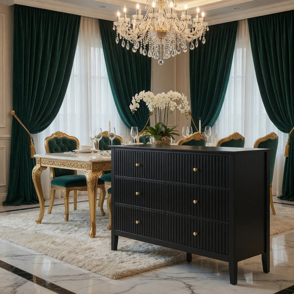 47.2" Wide Black 6-Drawer Fluted Dresser