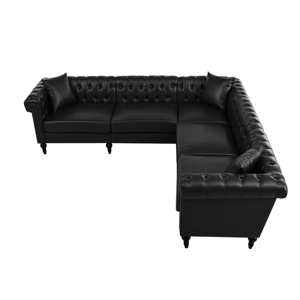 L Shaped Reversible Modern Chesterfield Sofa with Rolled Arms and Nailheads