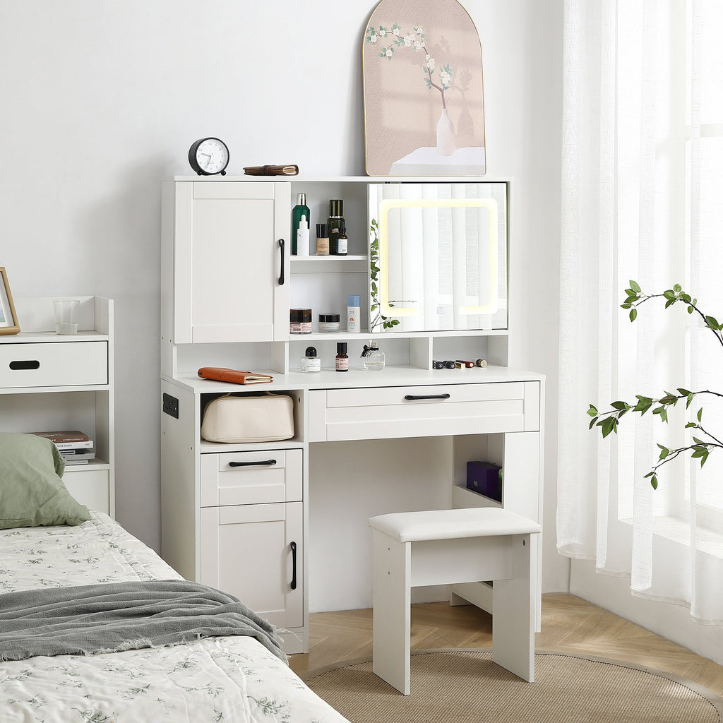 Vanity table with large sliding lighted mirror dressing table with 2 drawers storage shelves