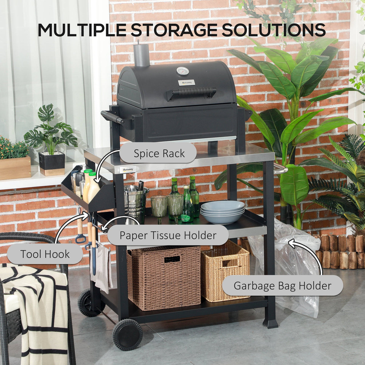 Outsunny Three-Shelf Outdoor Grill Cart with Stainless Steel Tabletop