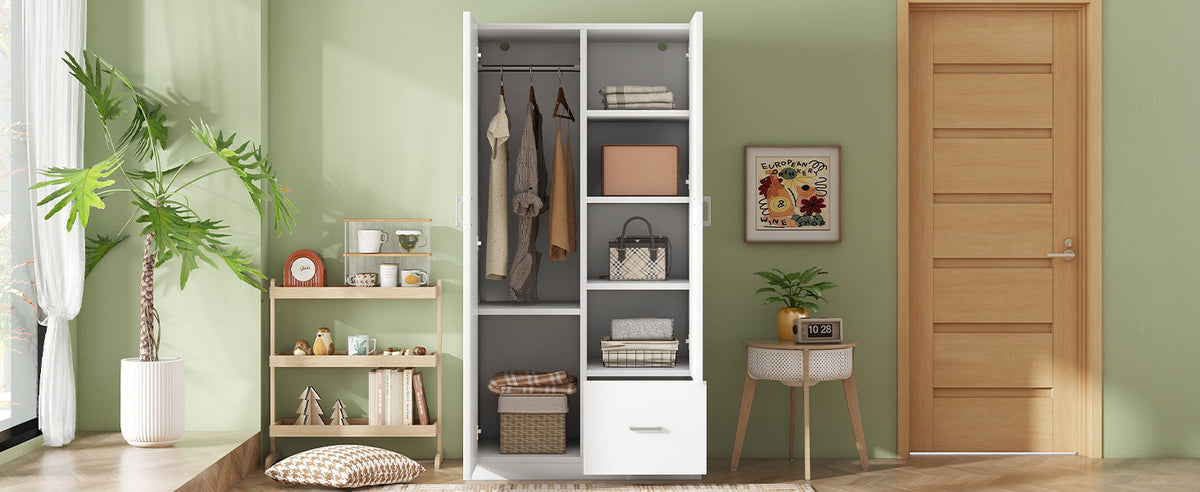 Wooden Wardrobe with Double Doors, Armoire with Hanging Rod, 5 Fixed Shelves