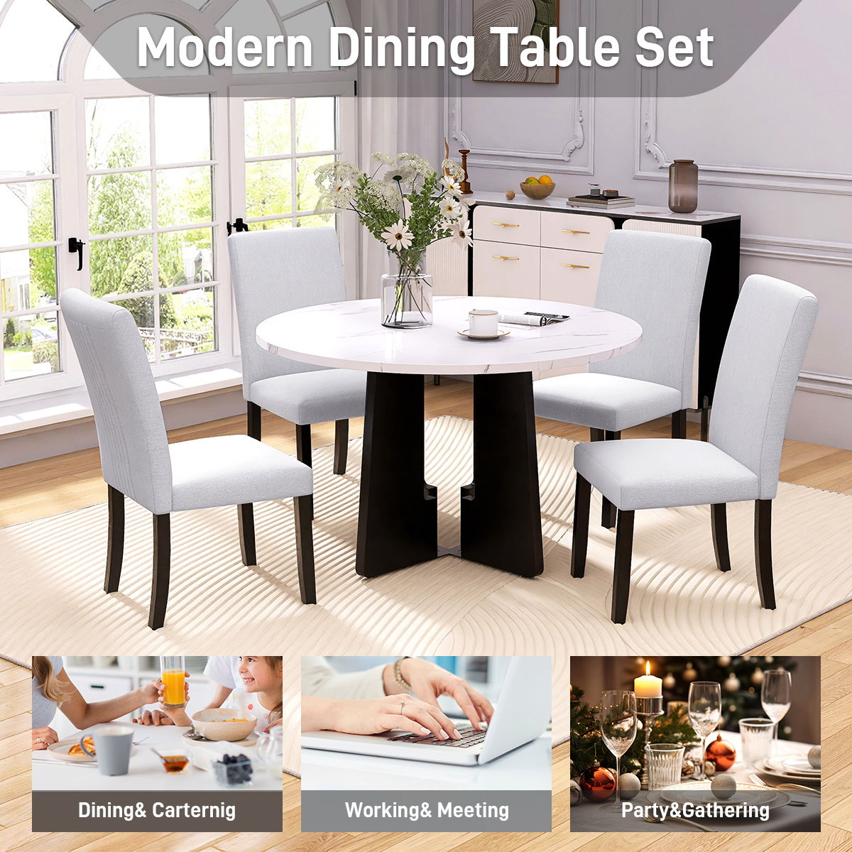 5 Piece Round Dining Table Set, Dining Table And 4 Upholstered Chairs