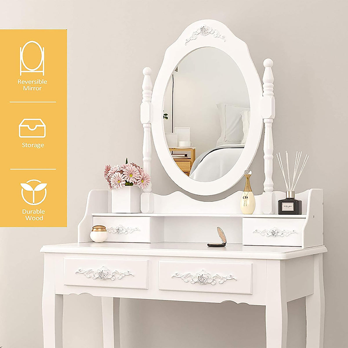 Vanity Table Set with 4 Drawer, Makeup Dressing Table w/Cushioned Stool