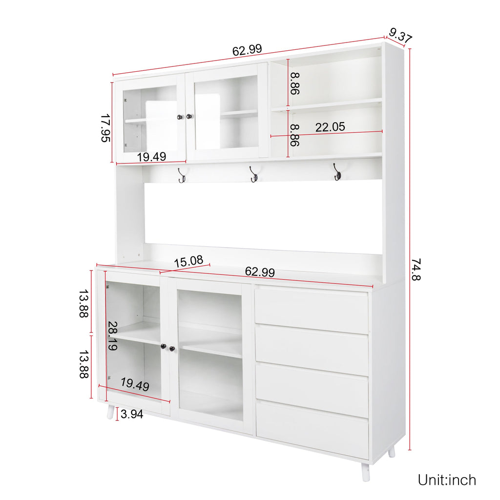 63" W Large Kitchen Hutch Cabinet, Freestanding Pantry Storage