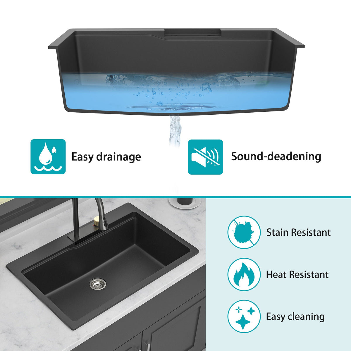 Waterfall Kitchen Sink With Pull Out Faucet & Cup Washer