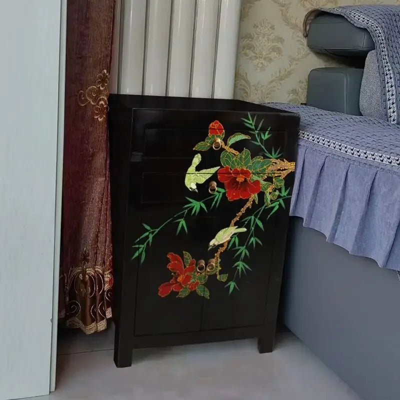 Hand-Painted Chinese Lacquer Bedside Cabinet & Sofa Side Table