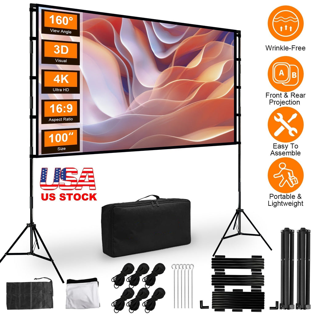 100inch Projector Screen with Stand 16:9 4K HD Rear Front Wrinkle-Free