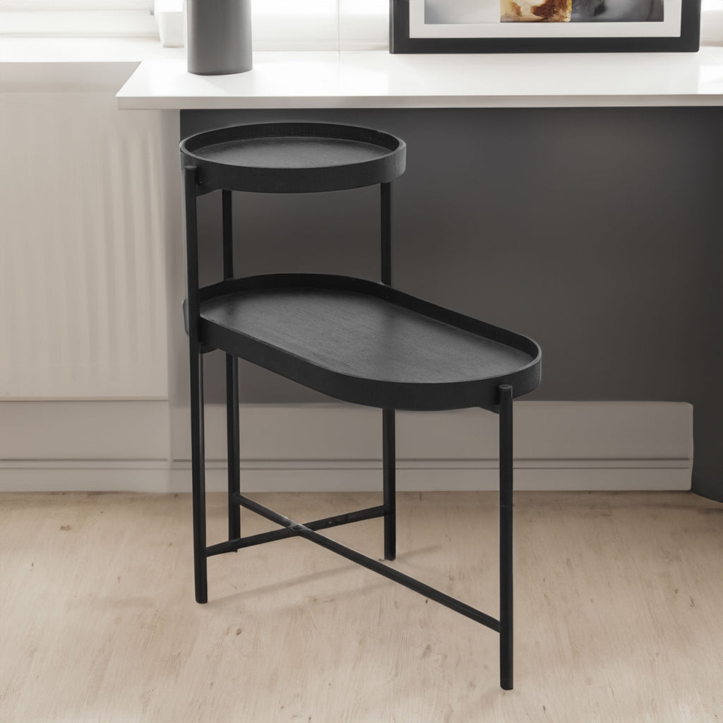 2-Tier Black Side Table with Storage