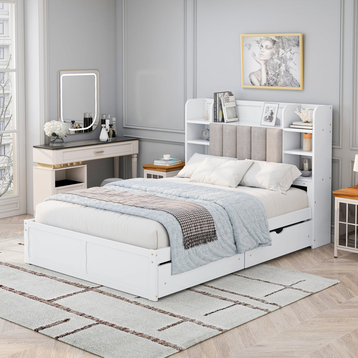 Multi-functional Full Size Bed Frame with 4 Under-bed Portable Storage Drawers