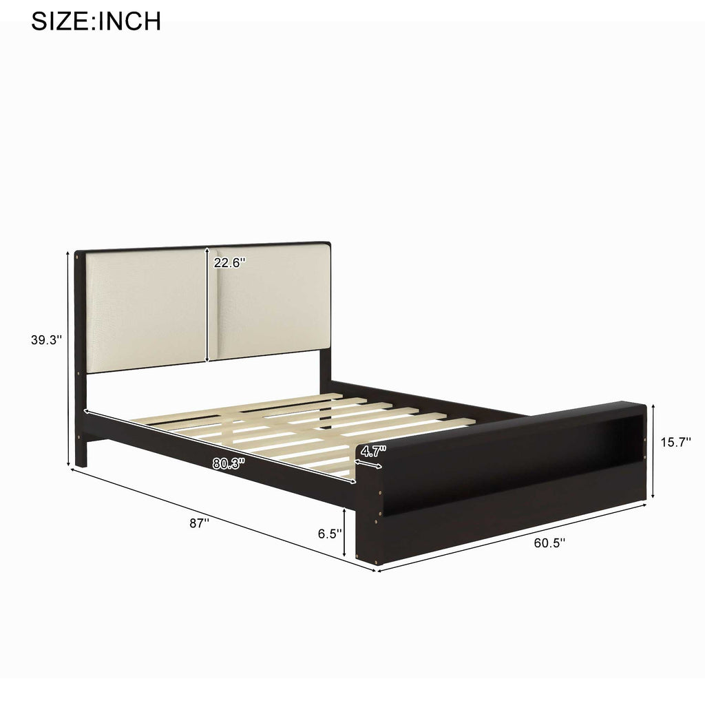 Queen Size Platform Bed Frame with Upholstery Headboard and Bookshelf