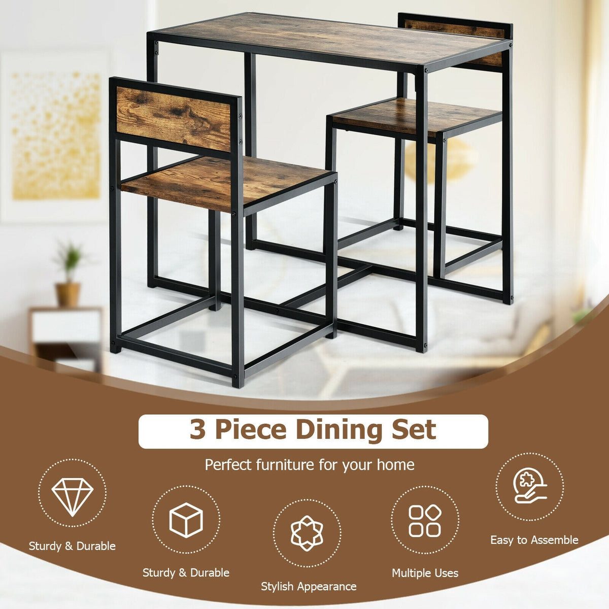 3 Pcs Dining Set Compact Table and 2 Chair with Metal Frame