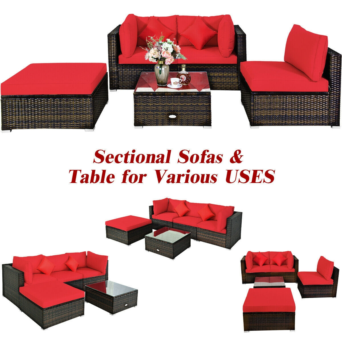 5 Pcs Patio Rattan Furniture Set, Sectional Navy Cushions-Turquoise