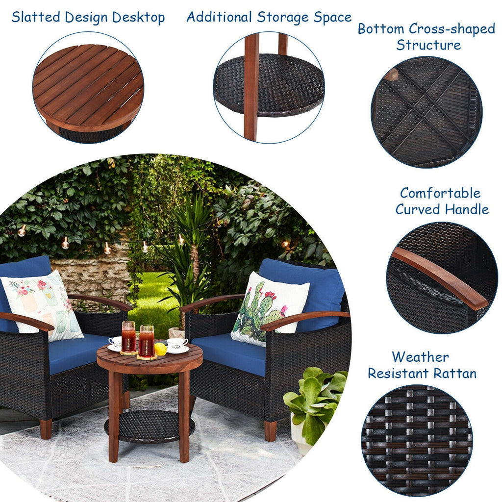 3 Pieces Patio Rattan Set with Washable Cushion and Acacia Tabletop
