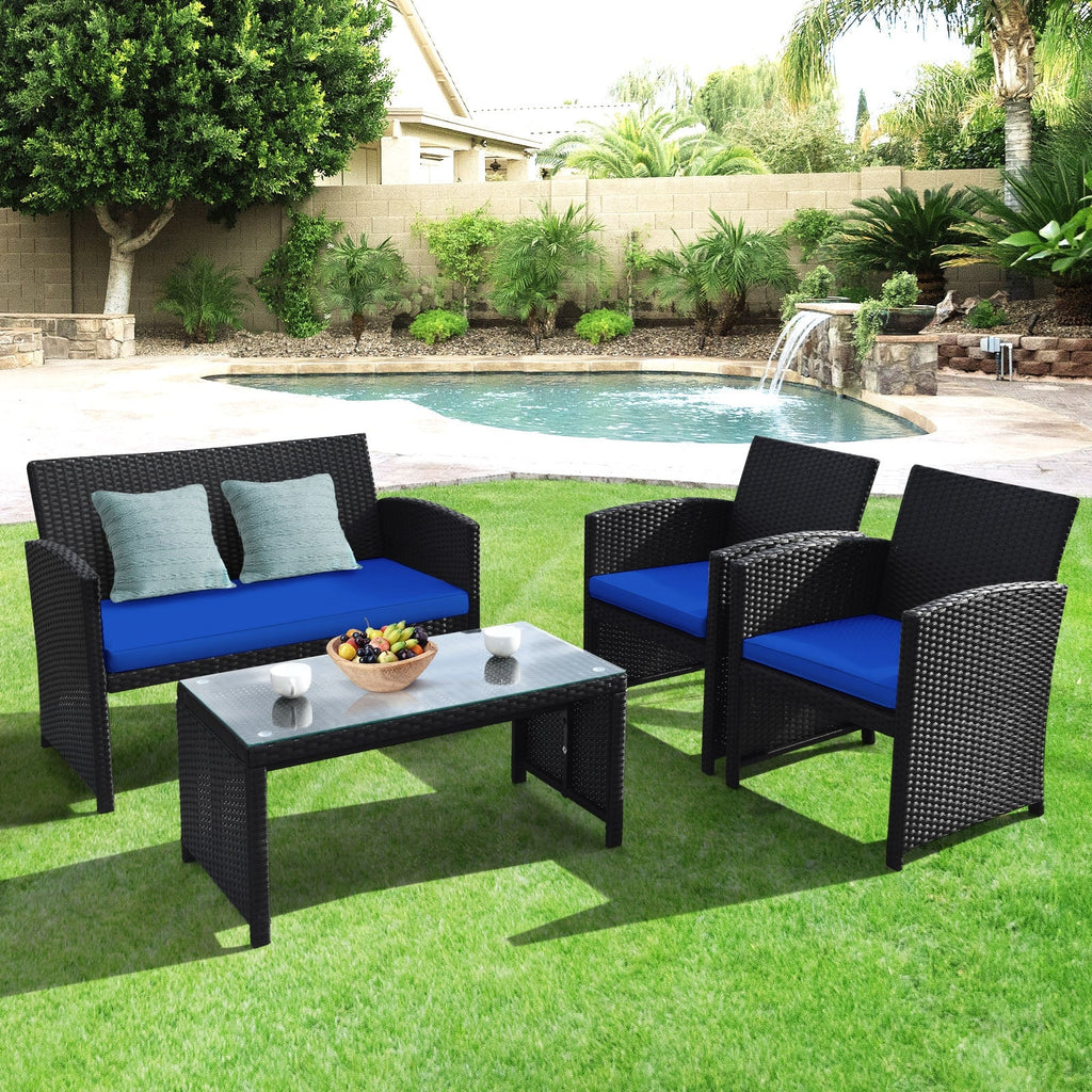 4 Pieces Rattan Patio Set with Weather Resistant Cushions and Glass Tabletop