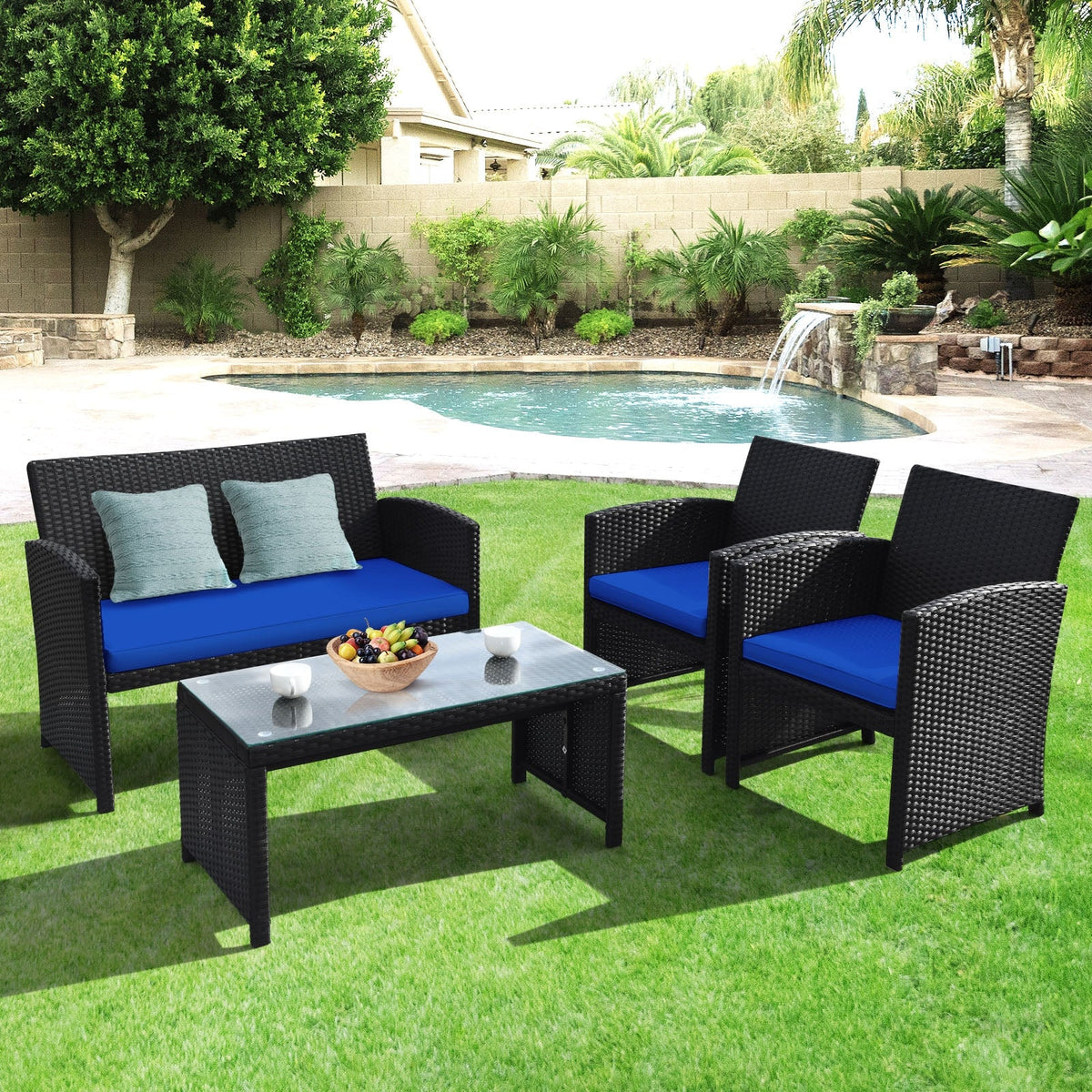 4 Pieces Rattan Patio Set with Weather Resistant Cushions and Glass Tabletop