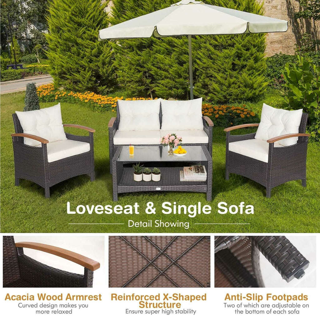 4 Pieces Patio Rattan Set with Cushioned Sofa and Storage Table