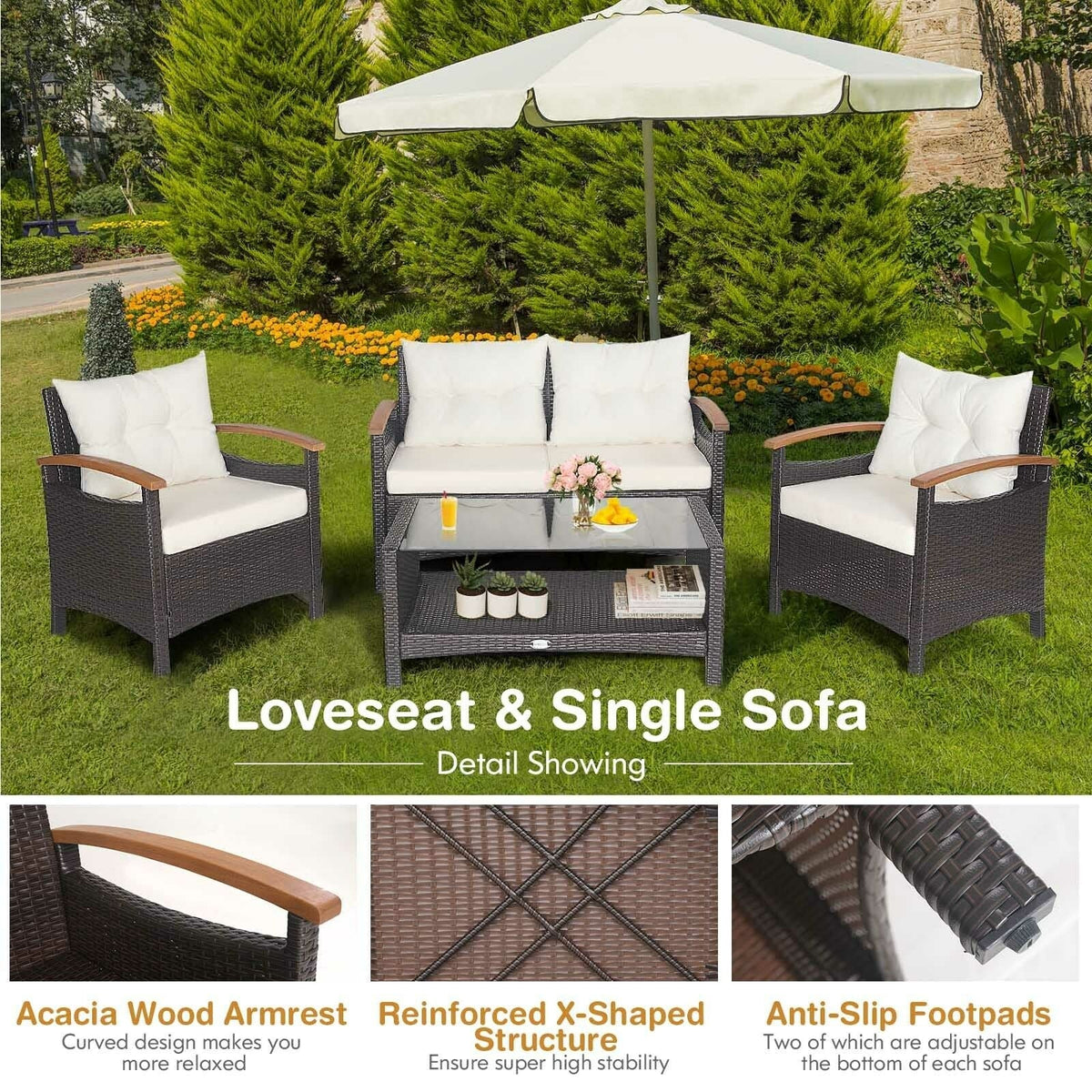 4 Pieces Patio Rattan Set with Cushioned Sofa and Storage Table